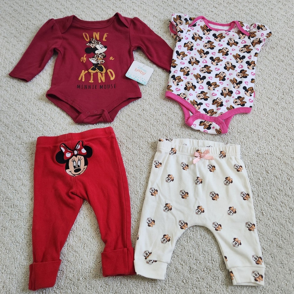 Disney Baby Minnie Mouse 4pc Set Bodysuits Pants 6-9M‎ Red Leopard NWT & EUC